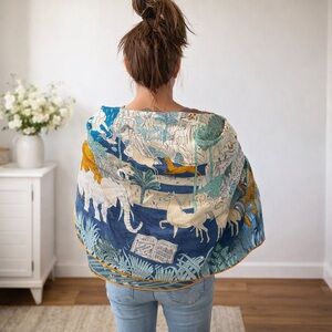 Cashmere Silk Print Oversized Shawl-Paris Inspired Illustrated Wrap – Never Worn